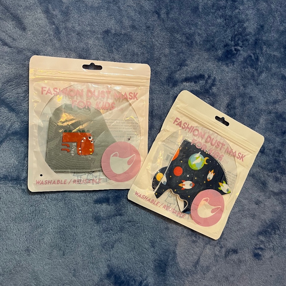 Kids Fashion Dust Masks – 2 total, dinosaur and space thenes
